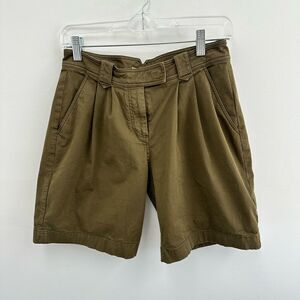 Burberry Khaki Green Pleated Buckle Back Casual Cotton Shorts Size 2